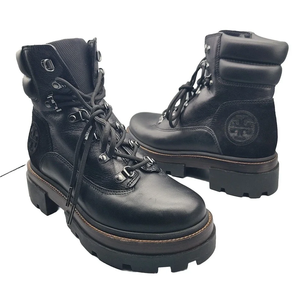 Tory Burch Women Boots Miller Lug Hiker Combat Black Lace Leather Logo 9.5 New